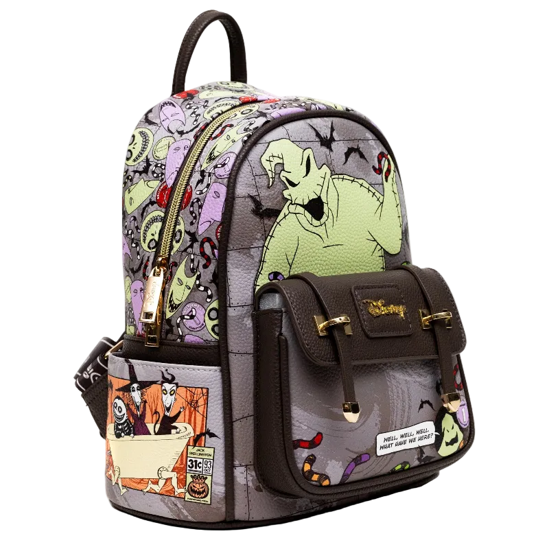 A Disney Loungefly mini backpack featuring a collage of The Nightmare Before Christmas characters, including Jack Skellington, Sally, and Zero, on a gray and purple patterned background with a brown front pocket.