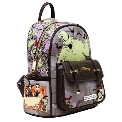 A Disney Loungefly mini backpack featuring a collage of The Nightmare Before Christmas characters, including Jack Skellington, Sally, and Zero, on a gray and purple patterned background with a brown front pocket.