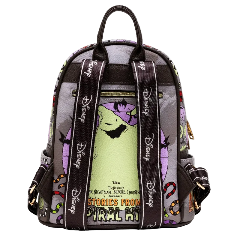 A Disney The Nightmare Before Christmas mini backpack featuring a light green front pocket with a graphic of Scary Face, purple pirate hats, and a black top handle, set against a plain white background.