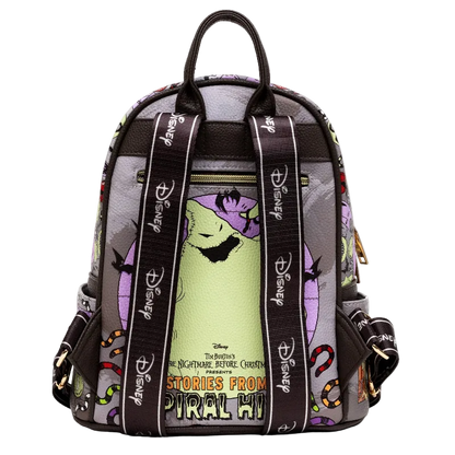 A Disney The Nightmare Before Christmas mini backpack featuring a light green front pocket with a graphic of Scary Face, purple pirate hats, and a black top handle, set against a plain white background.