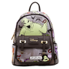 Disney Nightmare Before Christmas mini backpack featuring Oogie Boi on the front pocket, a purple and gray patterned body with black straps, and gold-tone hardware.