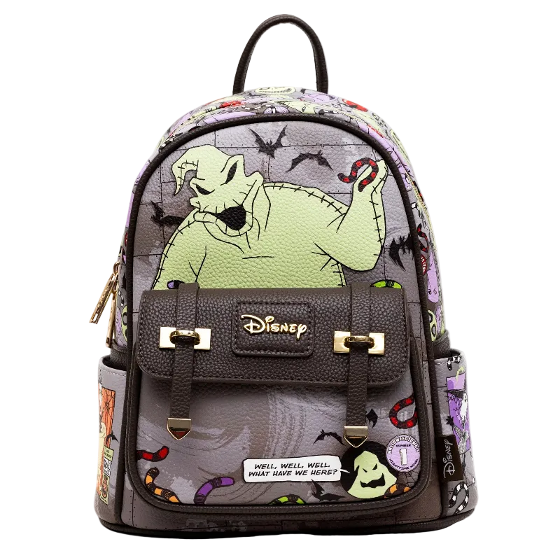 Disney Nightmare Before Christmas mini backpack featuring Oogie Boi on the front pocket, a purple and gray patterned body with black straps, and gold-tone hardware.