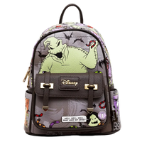 Disney Nightmare Before Christmas mini backpack featuring Oogie Boi on the front pocket, a purple and gray patterned body with black straps, and gold-tone hardware.