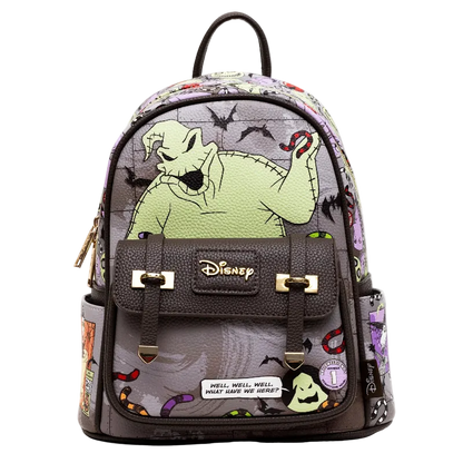Disney Nightmare Before Christmas mini backpack featuring Oogie Boi on the front pocket, a purple and gray patterned body with black straps, and gold-tone hardware.