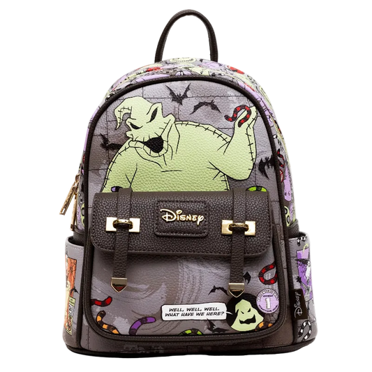 Disney Nightmare Before Christmas mini backpack featuring Oogie Boi on the front pocket, a purple and gray patterned body with black straps, and gold-tone hardware.