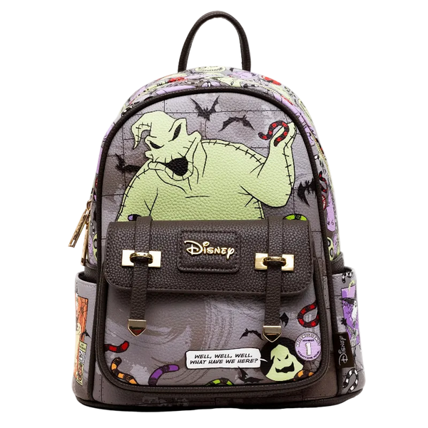 Disney Nightmare Before Christmas mini backpack featuring Oogie Boi on the front pocket, a purple and gray patterned body with black straps, and gold-tone hardware.