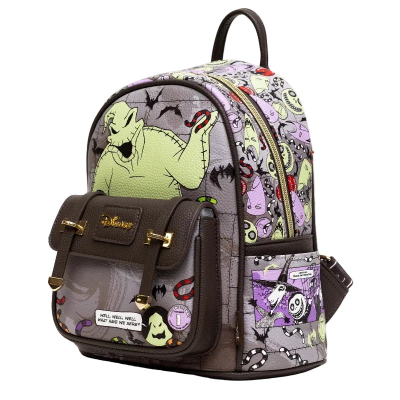 A Disney-themed backpack featuring a collage print of characters and motifs from The Nightmare Before Christmas, including Jack Skellington, Sally, and the Moon Knight, with dark brown leather accents and gold-tone hardware.