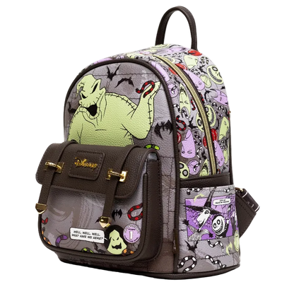 A Disney-themed backpack featuring a collage print of characters and motifs from The Nightmare Before Christmas, including Jack Skellington, Sally, and the Moon Knight, with dark brown leather accents and gold-tone hardware.