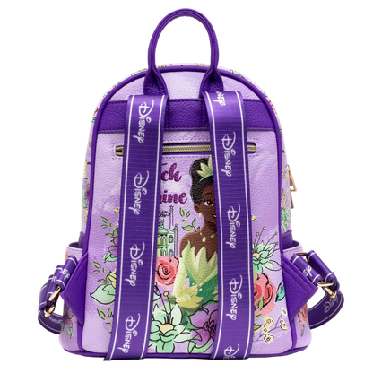 Purple backpack with Disney Princess design on a white background