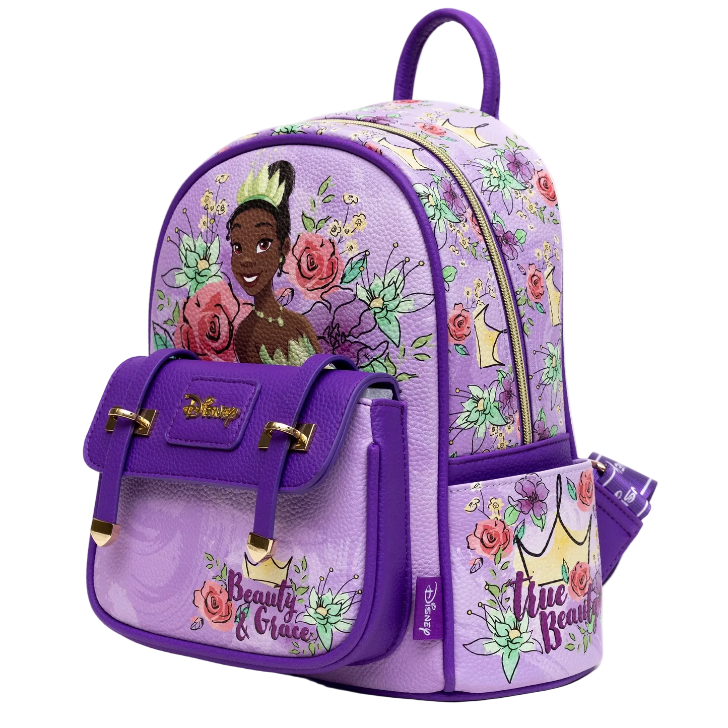 Purple backpack with Disney Princess design on a white background