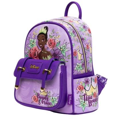 Purple backpack with Disney Princess design on a white background
