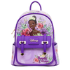 Purple backpack with Disney character design on a white background