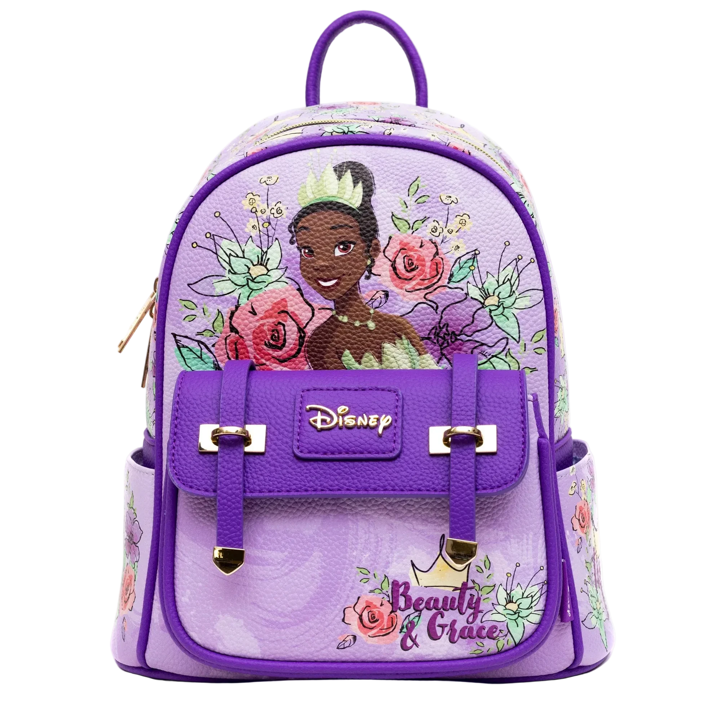 Purple backpack with Disney character design on a white background