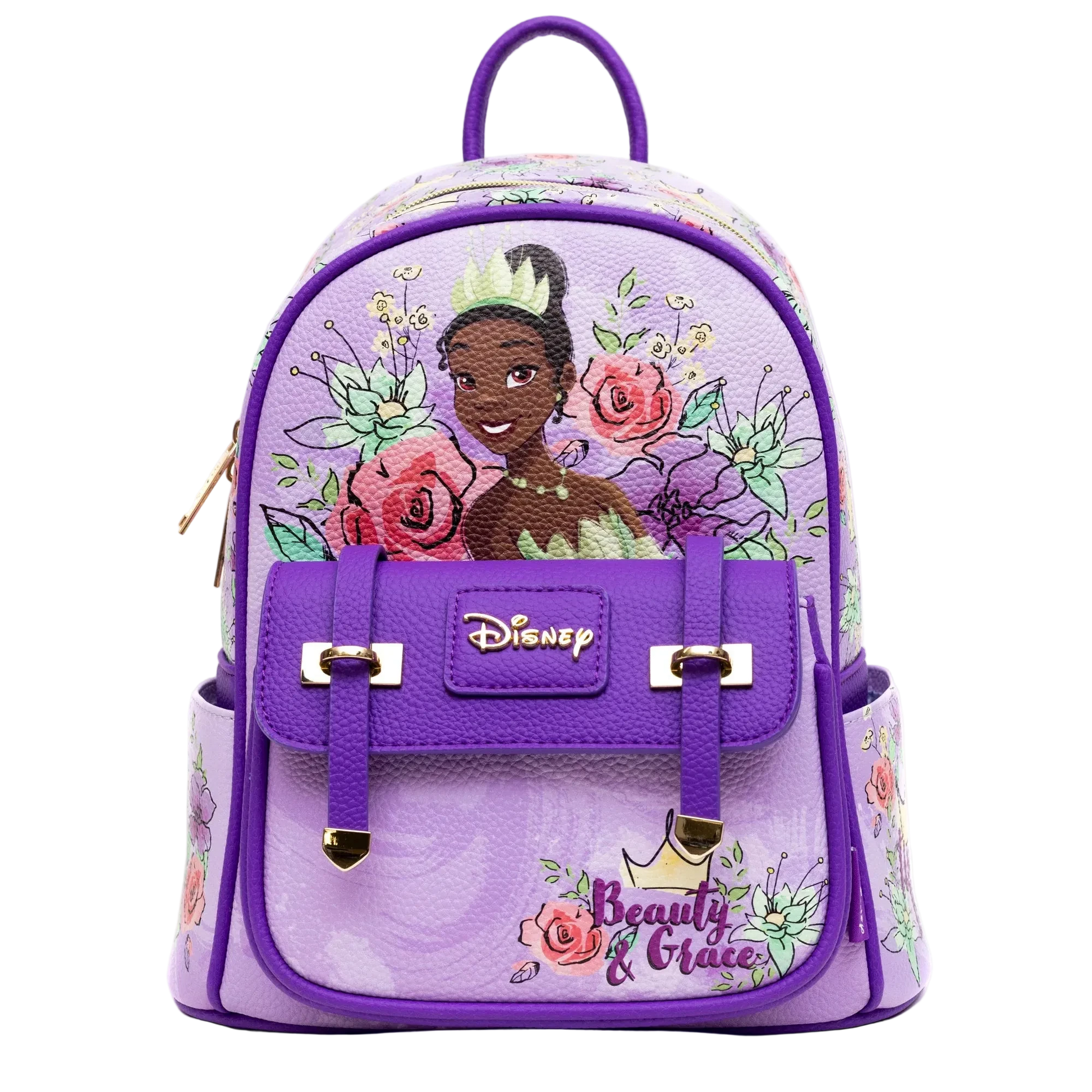 Purple backpack with Disney character design on a white background