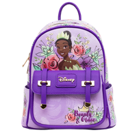 Purple backpack with Disney character design on a white background