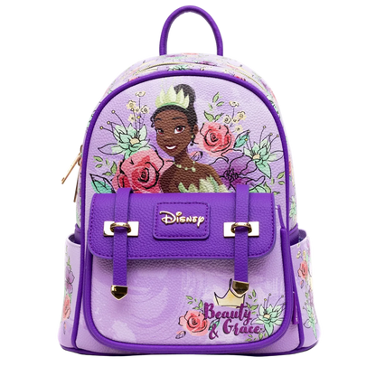 Purple backpack with Disney character design on a white background