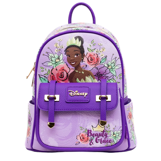 Purple backpack with Disney character design on a white background