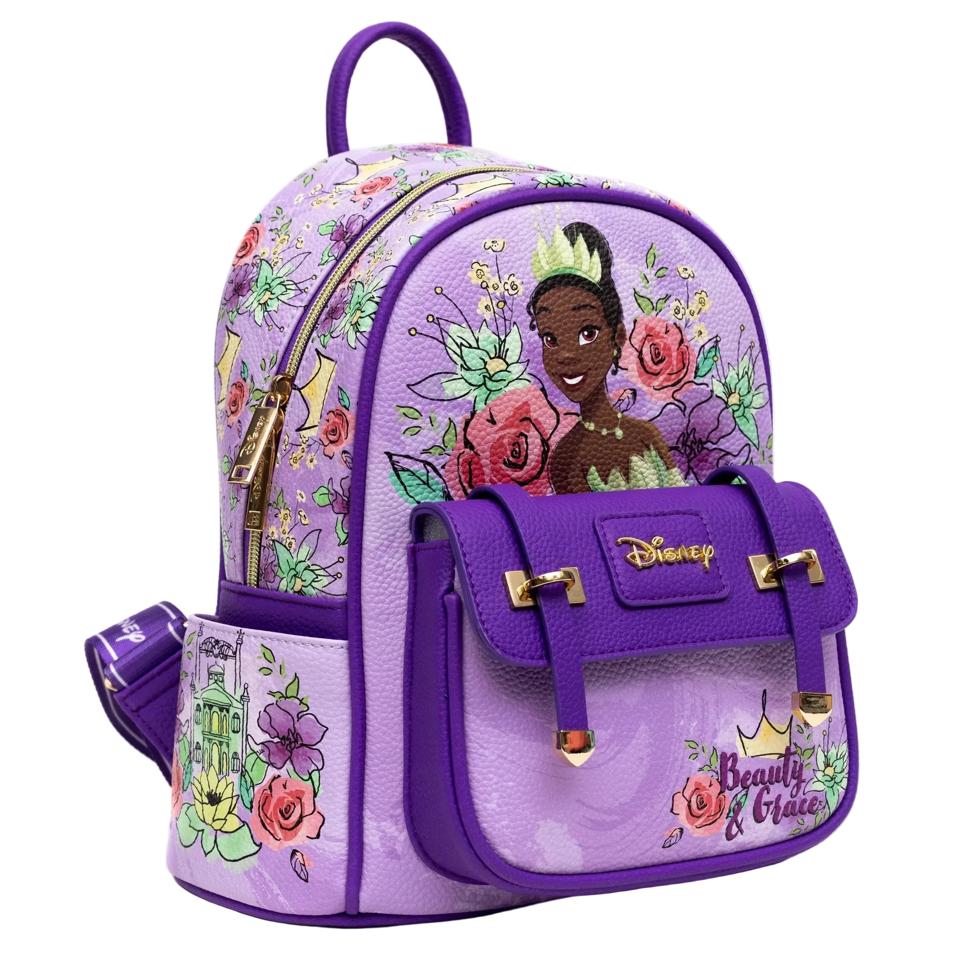 Purple backpack with Disney princess design on a white background