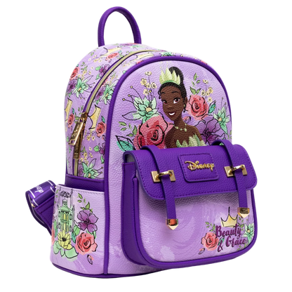 Purple backpack with Disney princess design on a white background