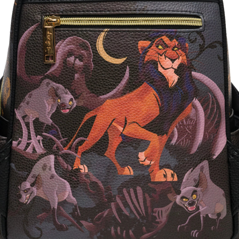 Backpack with animated character design featuring a lion and other animals on a dark background.