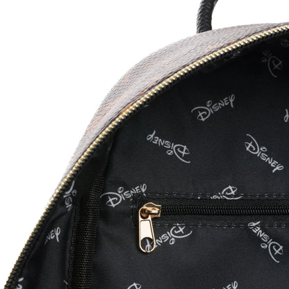 Close-up of a backpack with Disney logo pattern on the black interior.