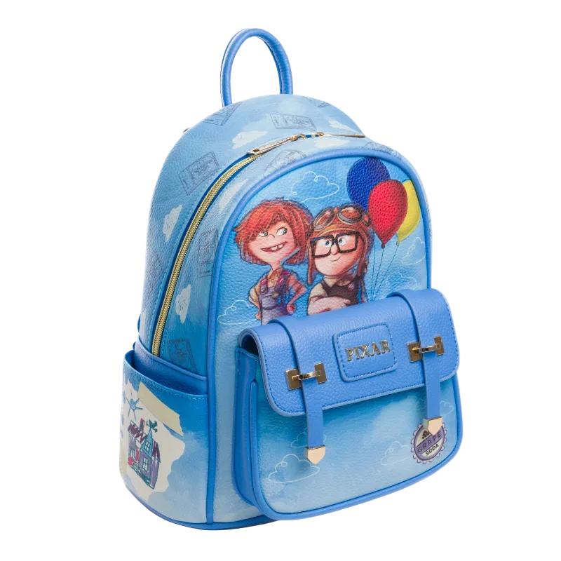 Blue backpack with Pixar character design on a white background