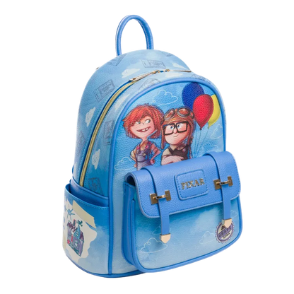 Blue backpack with Pixar character design on a white background