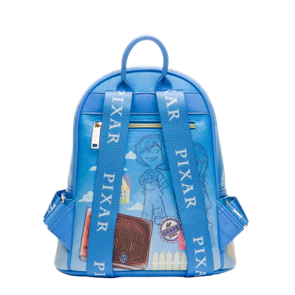 Blue backpack with Pixar branding and character illustration on a white background