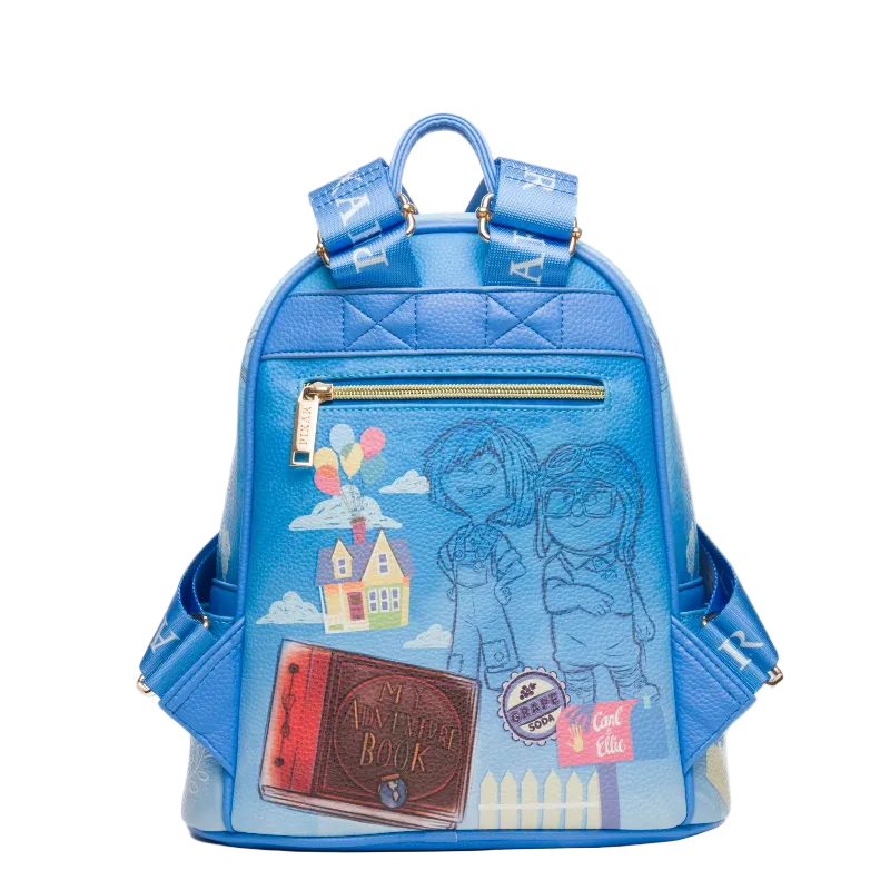 Blue backpack with illustrations and text on a white background