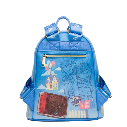 Blue backpack with illustrations and text on a white background