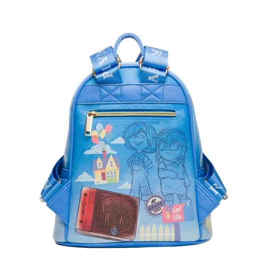 Blue backpack with illustrations and text on a white background