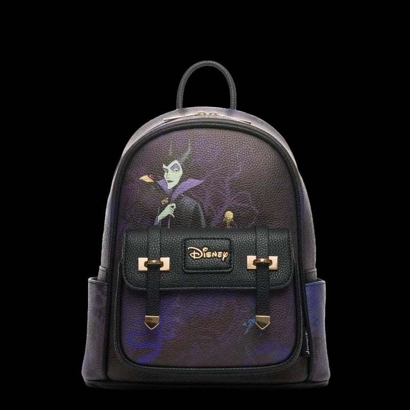 A Disney-themed mini backpack featuring Maleficent artwork on a dark purple textured background, with black leather straps, gold-tone hardware, and a front pocket displaying the Disney logo.