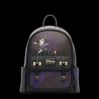 A Disney-themed mini backpack featuring Maleficent artwork on a dark purple textured background, with black leather straps, gold-tone hardware, and a front pocket displaying the Disney logo.