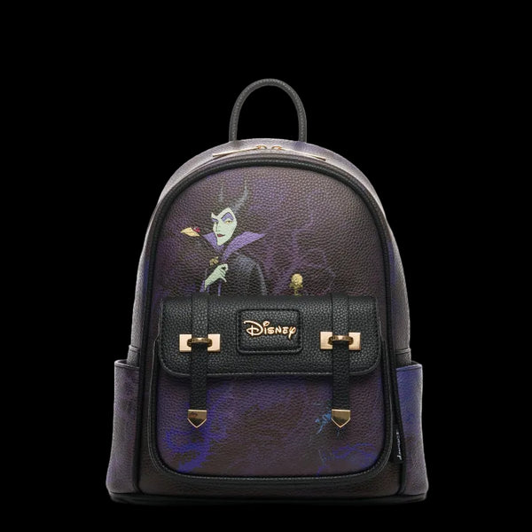 A Disney-themed mini backpack featuring Maleficent artwork on a dark purple textured background, with black leather straps, gold-tone hardware, and a front pocket displaying the Disney logo.