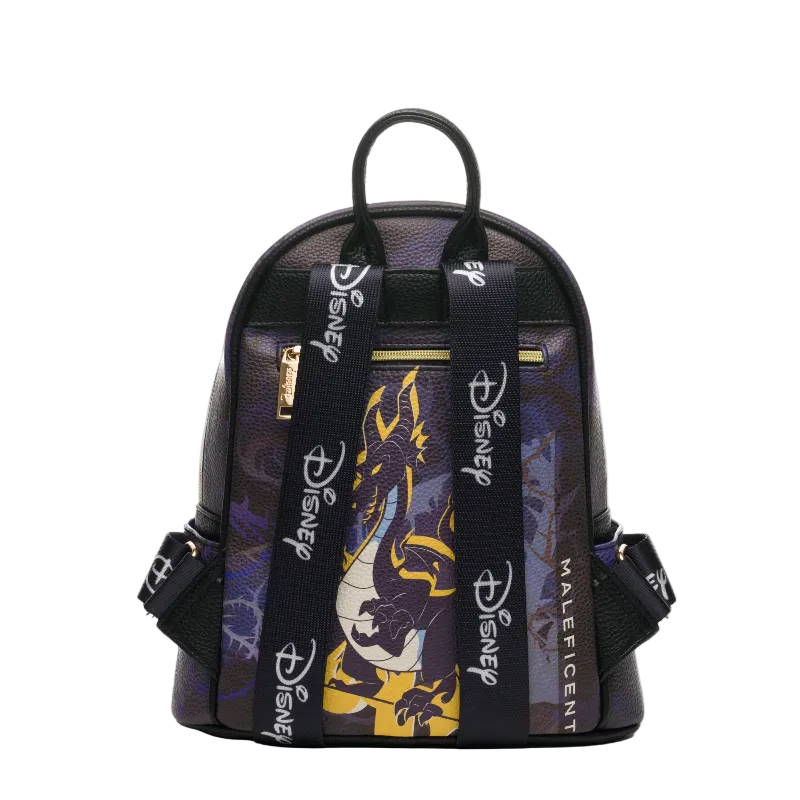 A Disney Malificent mini backpack featuring a purple and black patterned body with a large graphic of Maleficent on the front, black shoulder straps printed with the Disney logo, and a top carry handle, shown against a plain white background.