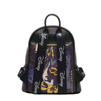 A Disney Malificent mini backpack featuring a purple and black patterned body with a large graphic of Maleficent on the front, black shoulder straps printed with the Disney logo, and a top carry handle, shown against a plain white background.