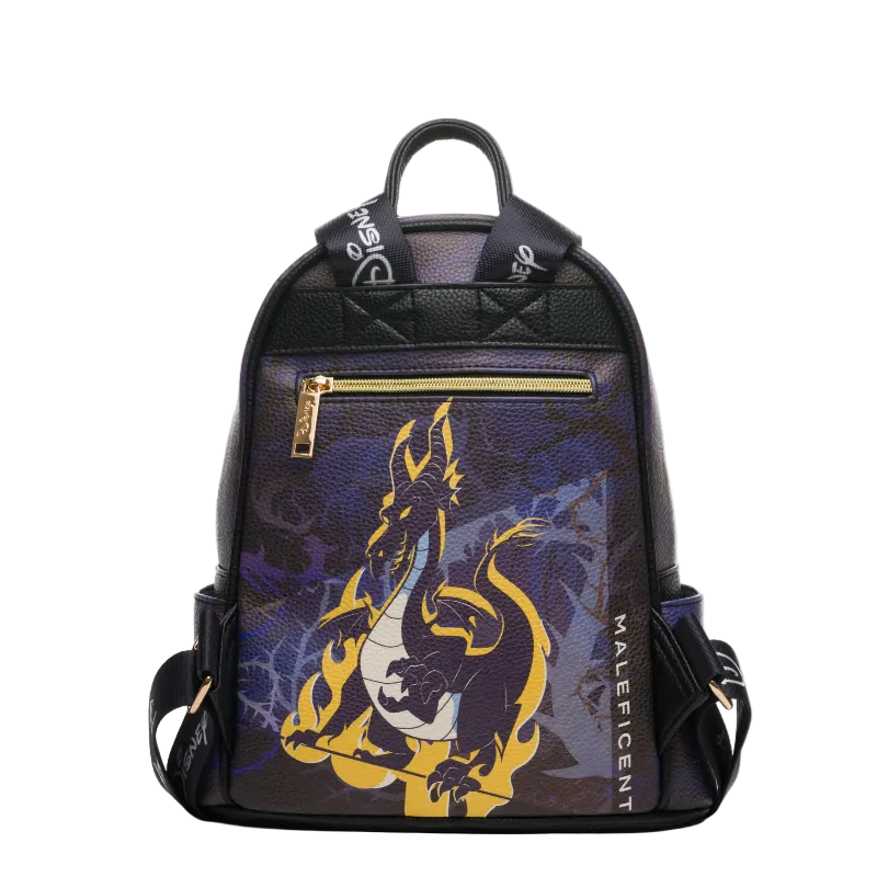 A Malificent branded black backpack featuring a large yellow and white dragon graphic on the front, with a gold zipper and black quilted top panel, shown on a plain white background.