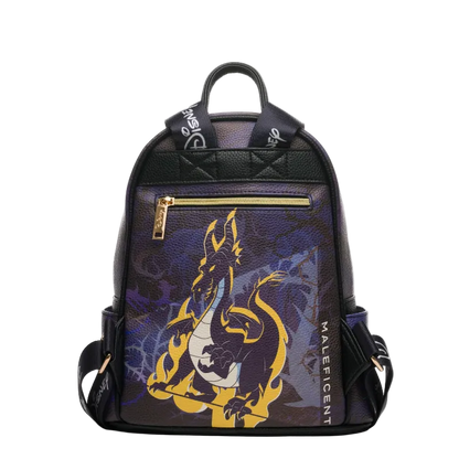 A Malificent branded black backpack featuring a large yellow and white dragon graphic on the front, with a gold zipper and black quilted top panel, shown on a plain white background.