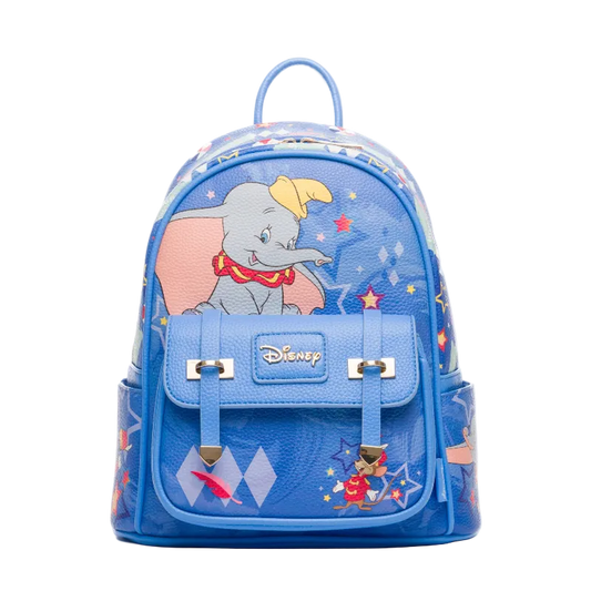 Blue backpack with Disney character design on a white background