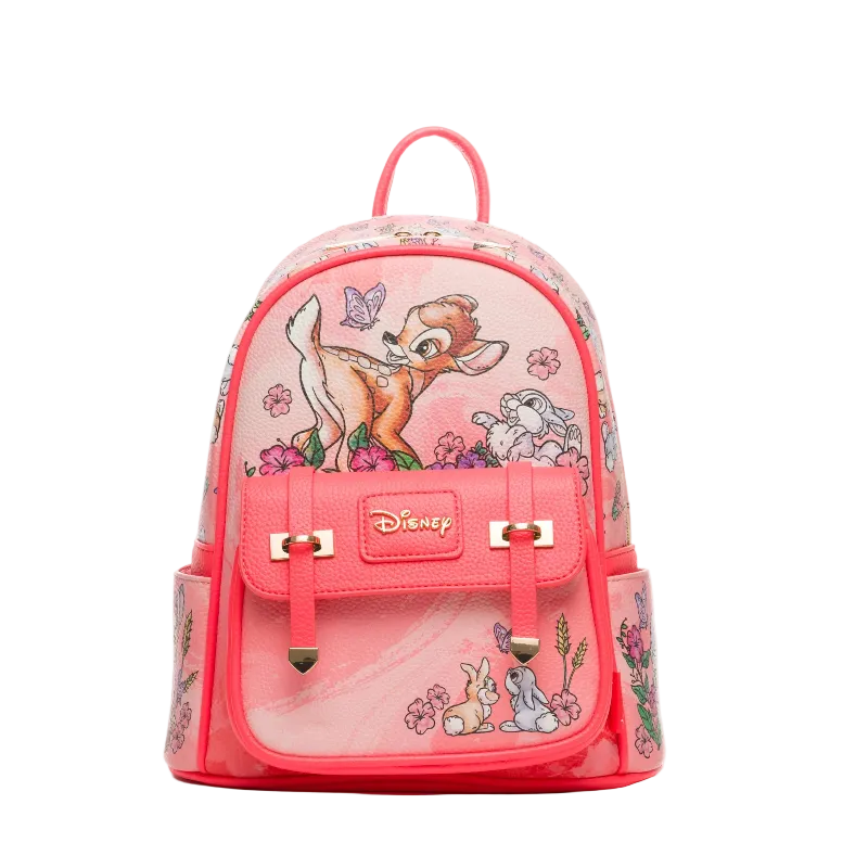 Pink backpack with Disney character design on a white background