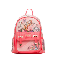 Pink backpack with Disney character design on a white background