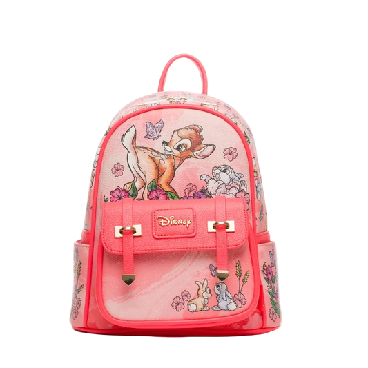 Pink backpack with Disney character design on a white background