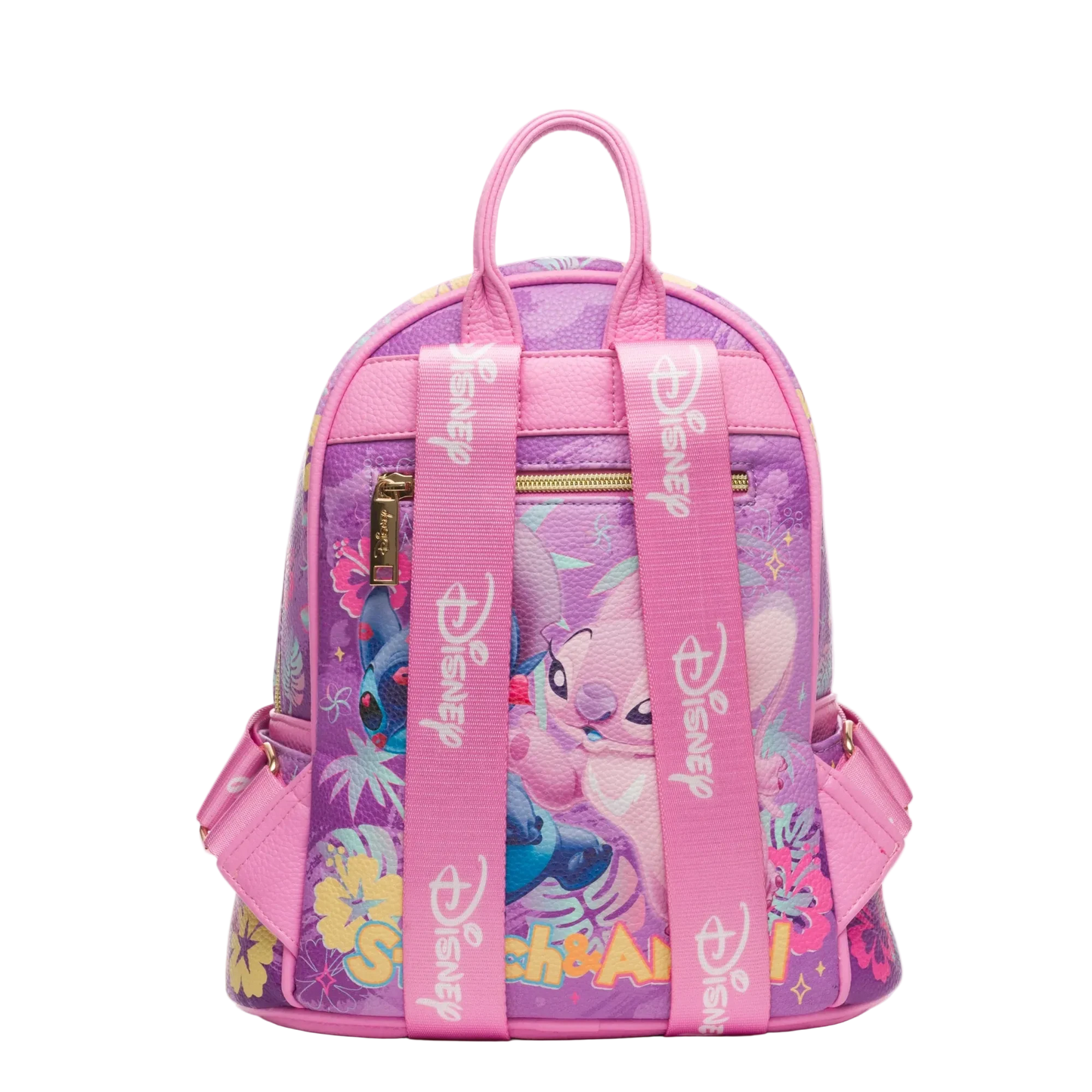 Pink and purple backpack with Disney character design on a white background