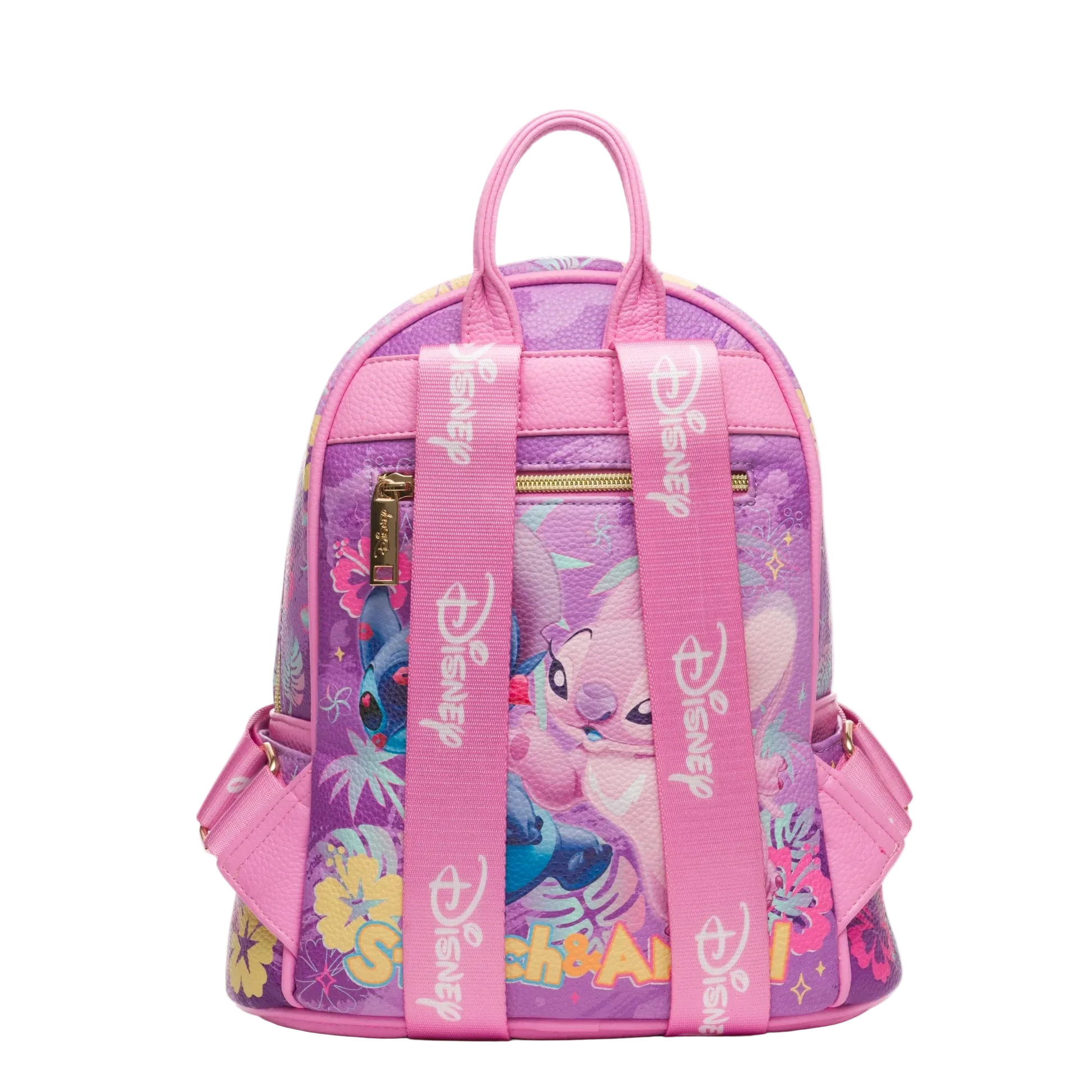 Pink and purple backpack with Disney character design on a white background