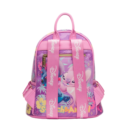 Pink and purple backpack with Disney character design on a white background