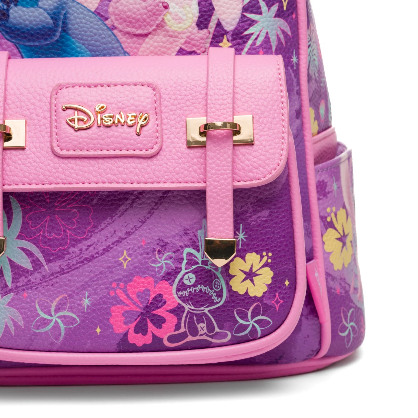Pink and purple backpack with Disney logo and floral design on a white background