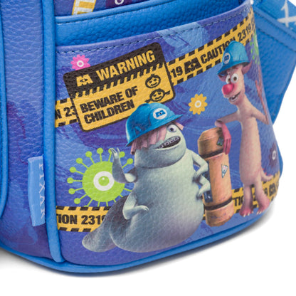 Children's backpack with cartoon characters and warning labels on a blue background