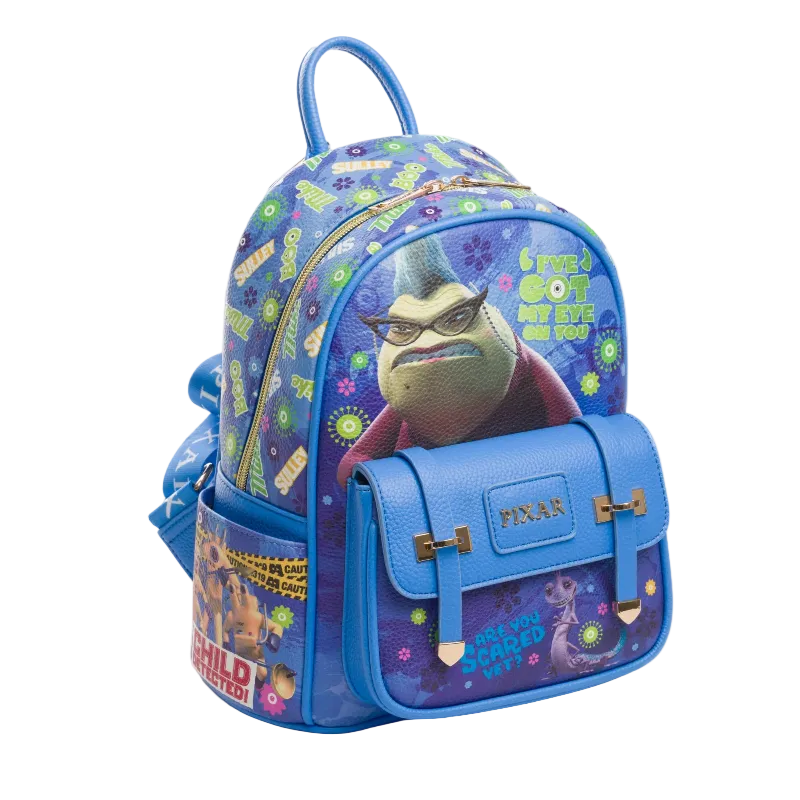 Blue backpack with animated character design on a white background