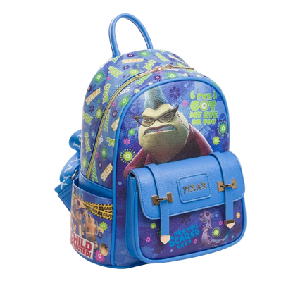 Blue backpack with animated character design on a white background