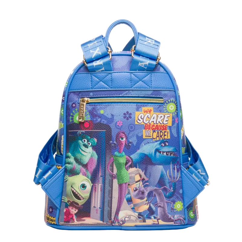 Blue backpack with animated character design on a white background